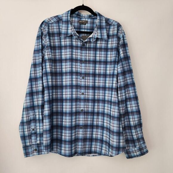 NEW Eddie Bauer Performance blue plaid long sleeve button front shirt size XL - Picture 1 of 7